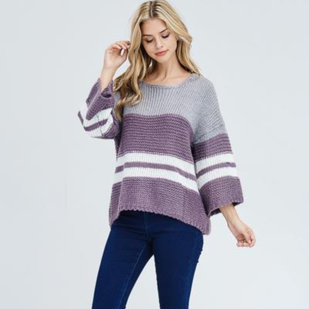 Alaina Purple Color Block 3/4 Sleeve Sweater